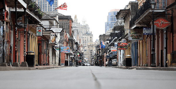 The normally bustling French Quarter in New Orleans is abandoned due to the COVID-19 pandemic.